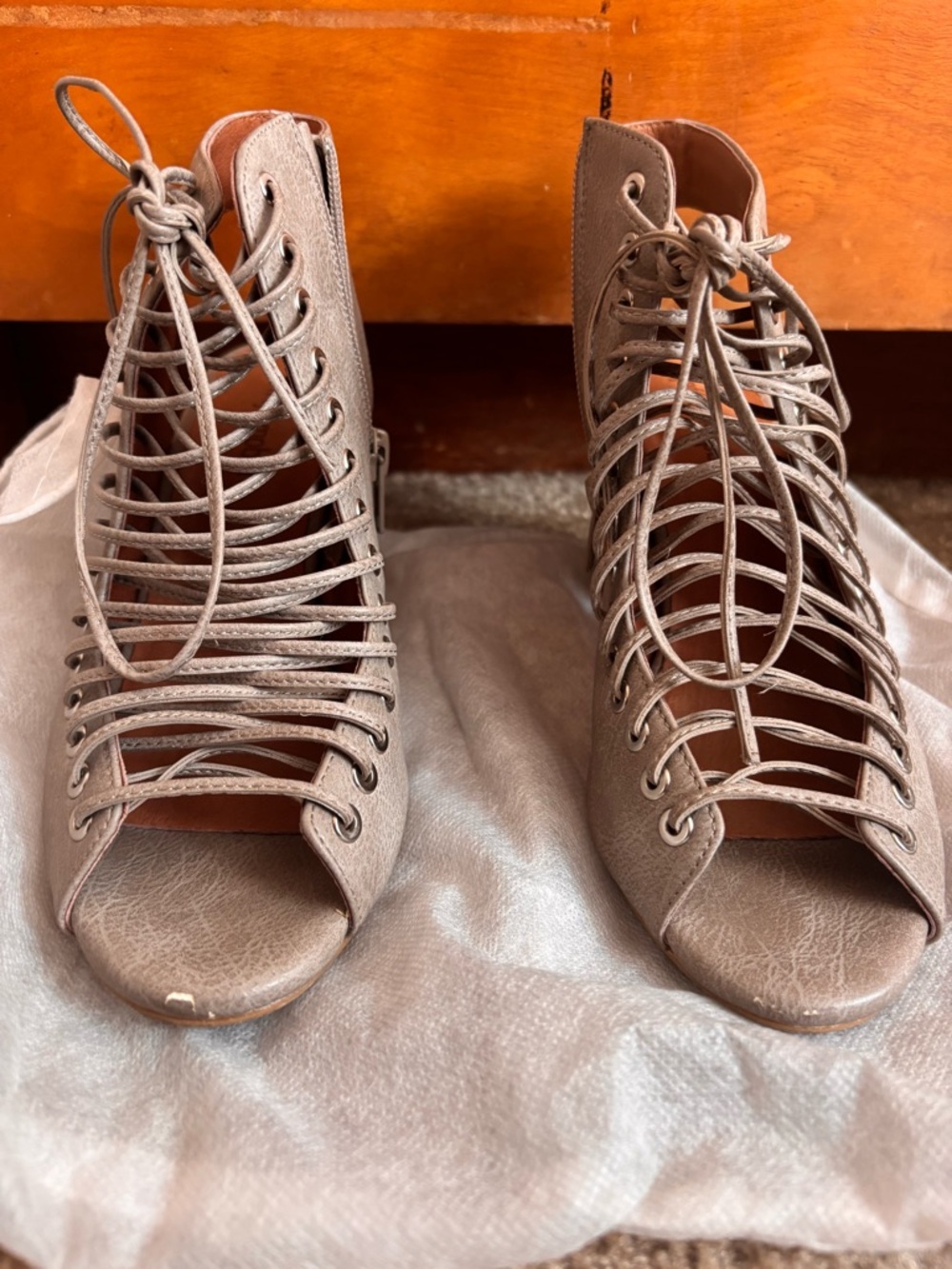 Jeffrey Campbell Taupe Lace-Up Peep-Toe Heels